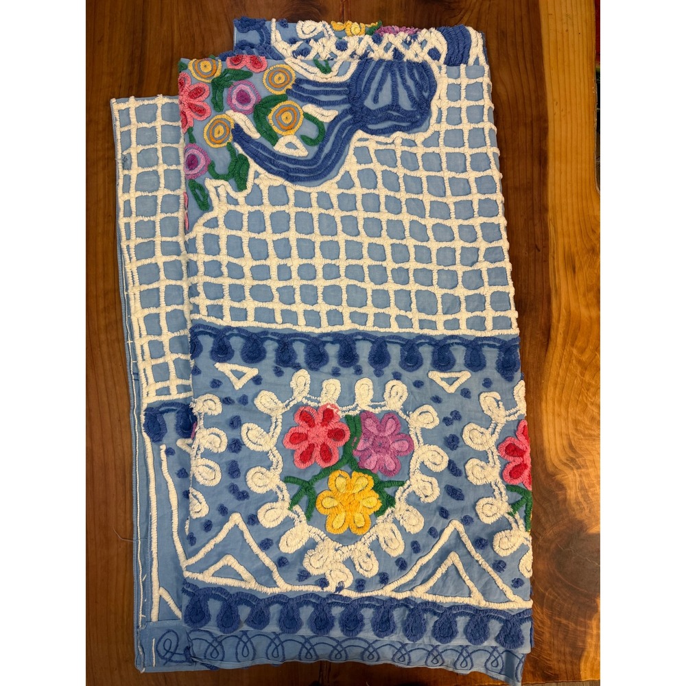 Vintage Chenille Blanket Bedspread Cotton Floral Curly Q Bright Floral 102" x 90